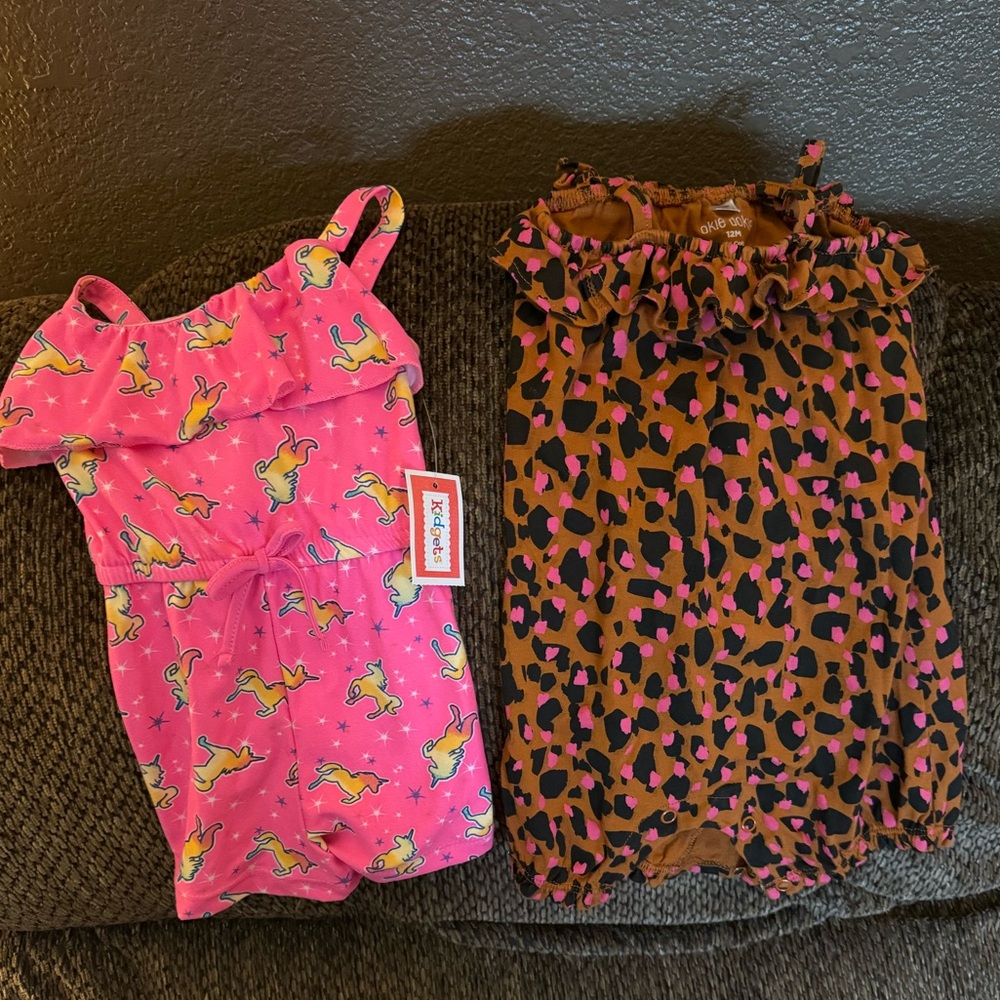 Okie Dokie Tan and Pink Leopard Baby Romper & Hot Pink Unicorn Romper